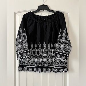 Talbots Medium‎ Off Shoulder Embroidered Eyelet Peasant Scalloped Black Blouse